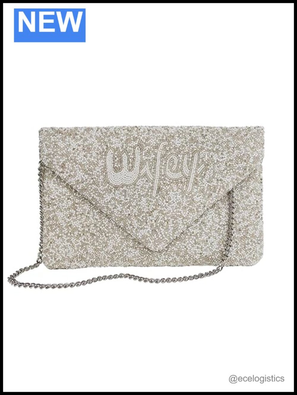 Ivory Beaded Clutch, Pearl Wifey Evening Bag with Silver Chain
